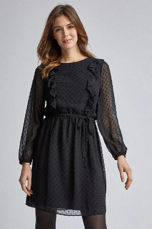 Black Dobby Frill Fit And Flare Dress