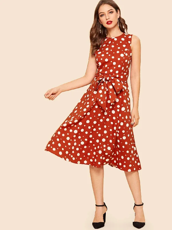 Waist Belted Polka Dot Midi Dress