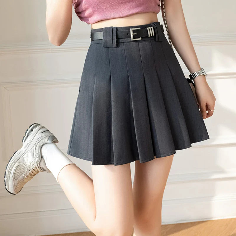 FashionSierra - 2024 New Summer High Waist A-line Pleated Mini Korean Fashion Suit Gray Women Casual Short With Belt Skirt FashionSierra - 2024 New Summer High Waist A-line Pleated Mini Korean Fashion Suit Gray Women Casual Short With Belt Skirt