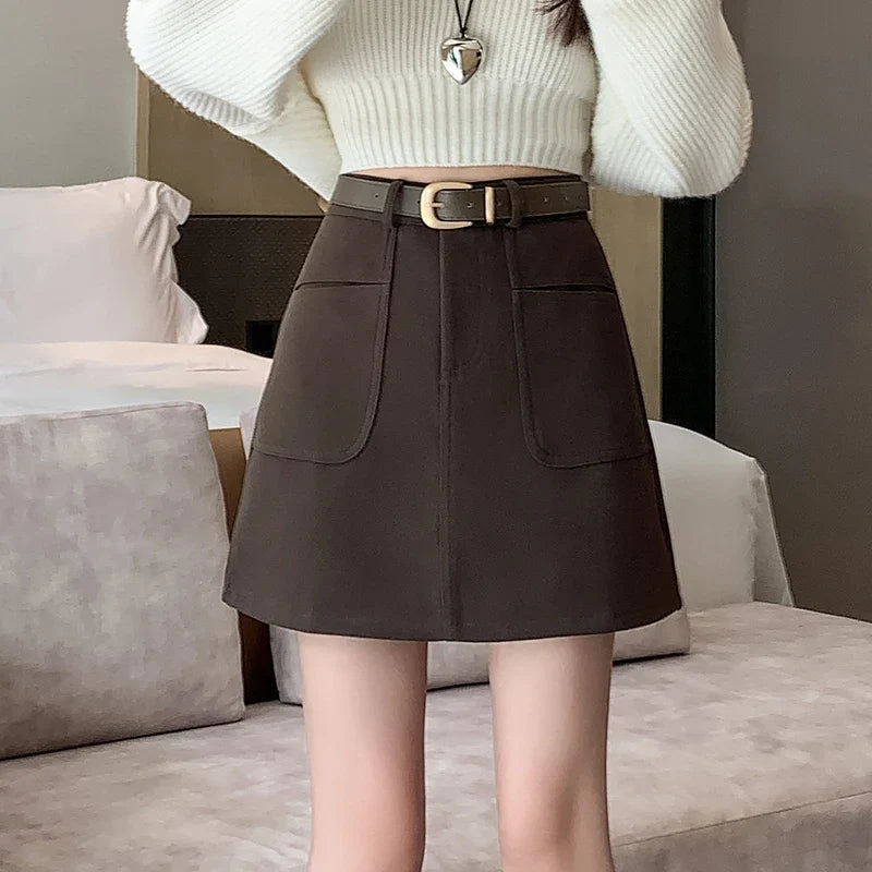 FashionSierra - New Korean Women High Waist A-line Mini Autumn Winter Fashion Pockets Package Hip Ladies Wool Short Skirt FashionSierra - New Korean Women High Waist A-line Mini Autumn Winter Fashion Pockets Package Hip Ladies Wool Short Skirt