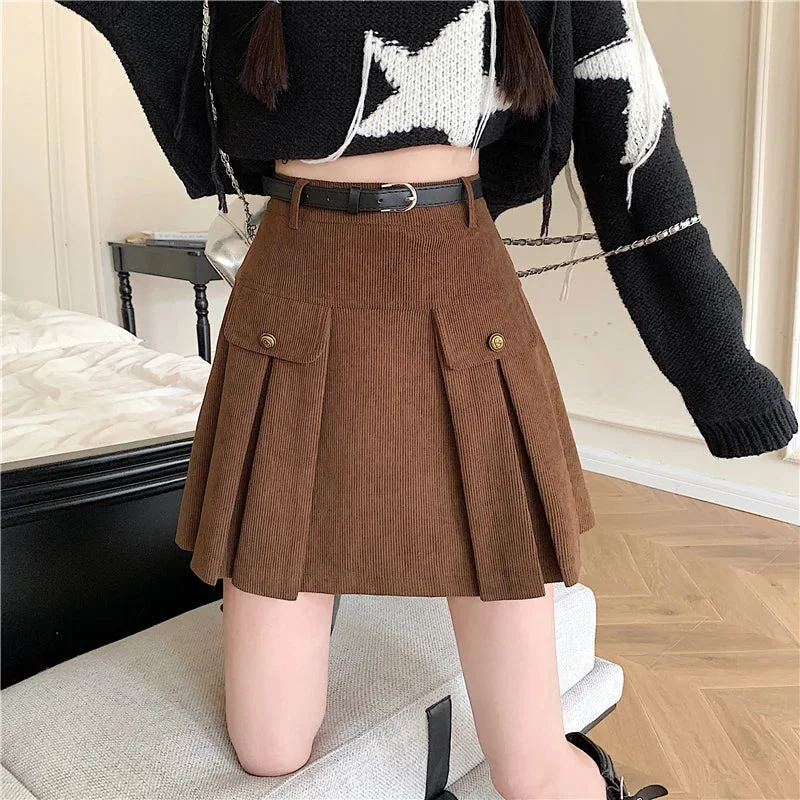FashionSierra - New Autumn Winter Corduroy Womens Vintage Buttons High Wasit A-line Mini Pleated Korean Woman Short Skirt FashionSierra - New Autumn Winter Corduroy Womens Vintage Buttons High Wasit A-line Mini Pleated Korean Woman Short Skirt