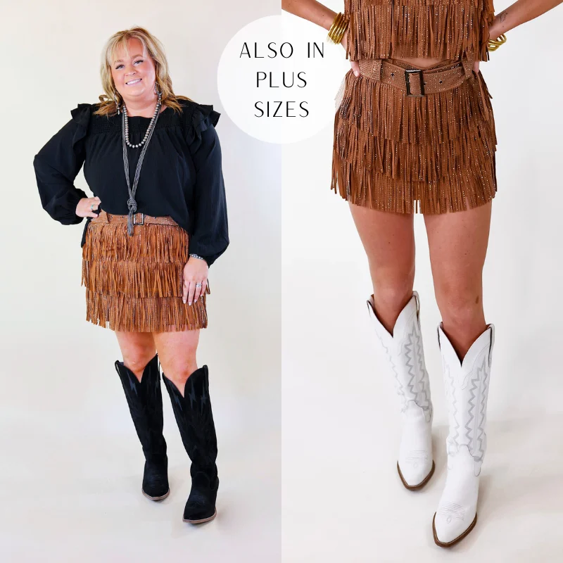 Cowboy Killer Crystal Fringe Mini Skort in Camel Brown