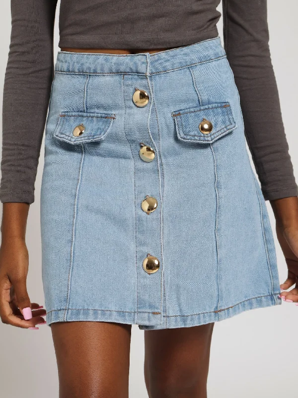 Fancy Button Front Denim Mini Skirt - Stonewash