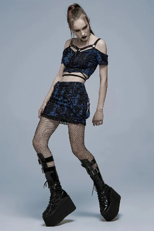 Women's Gothic Decadent Knitted Texture Broken Holes Fashion Sexy Mini Black-blue Skirt Women's Gothic Decadent Knitted Texture Broken Holes Fashion Sexy Mini Black-blue Skirt
