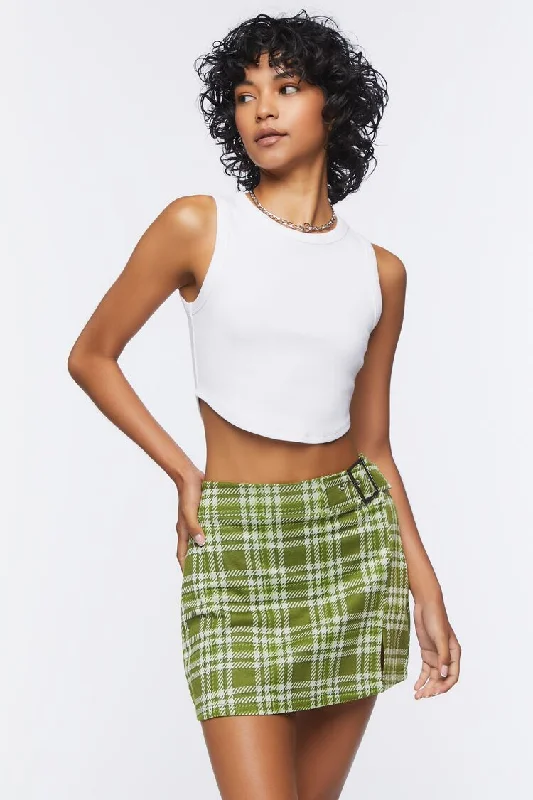 Forever 21 Women's Buckled Plaid Mini Skirt Olive/Multi