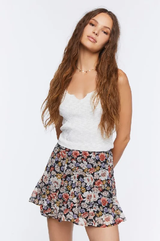 Forever 21 Women's Floral Flounce Mini Skirt Black/Multi