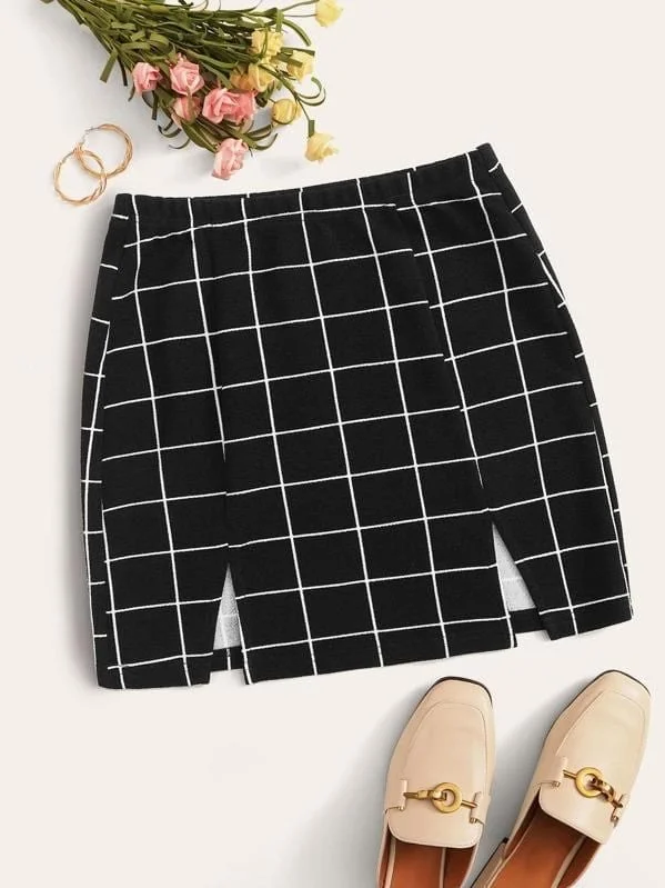 Grid M-Slit Mini Bodycon Skirt