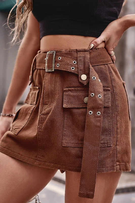 Belt Flap Pocket Denim Mini Skirt