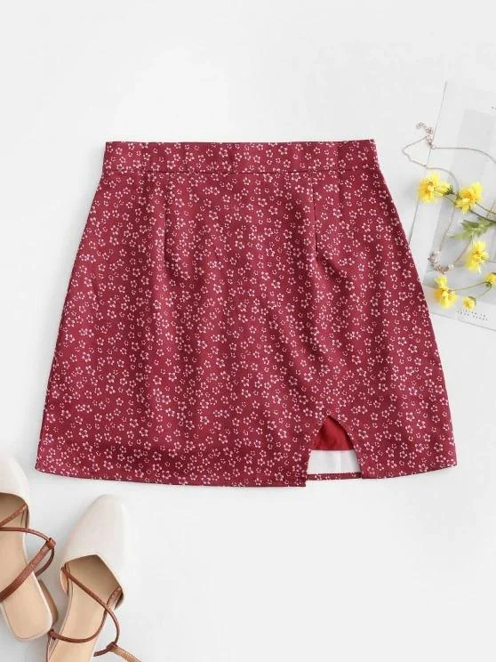 Notched Hem Ditsy Floral Mini Skirt