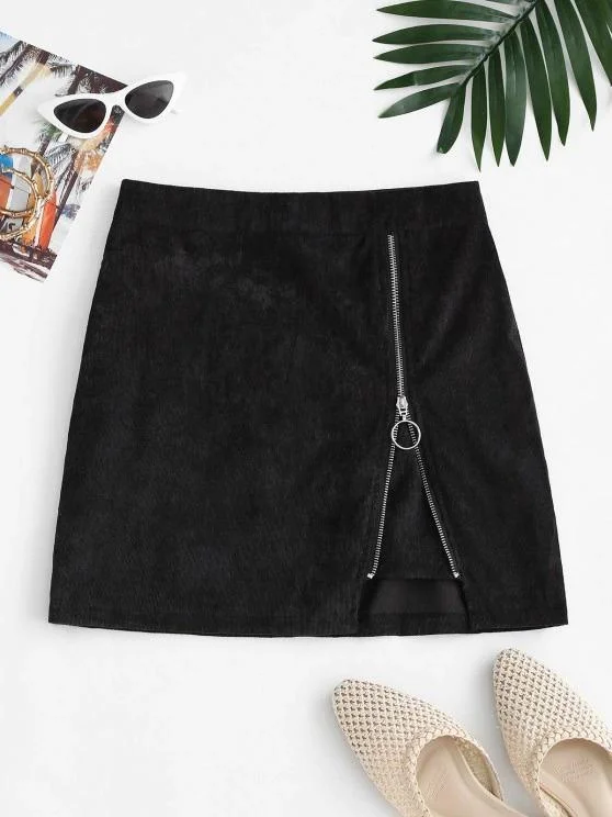 Notched Zipper Front Corduroy Mini Skirt