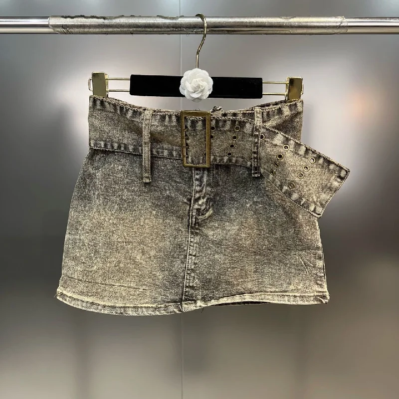OUDINA Y2K Wholesale Stylish Belt Decorated Short Irregular Denim Mini Skirt For Women Vintage Ladies Skirts
