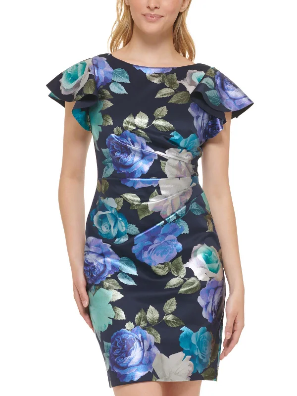 Petites Womens Floral Mini Sheath Dress