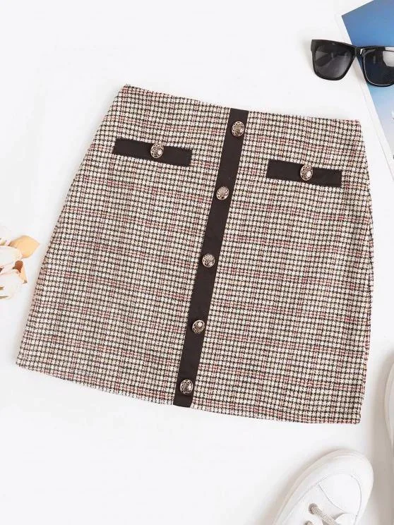 Plaid Tweed Metallic Button Mini Skirt
