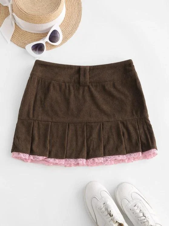 Pleated Hem Lace Trim Corduroy Mini Skirt