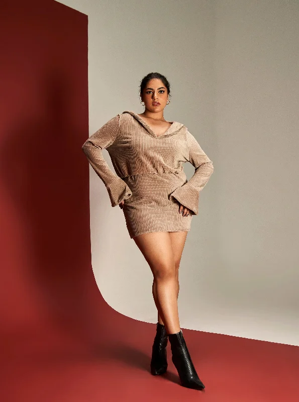 Sienna Tan Ribbed Velvet Lounge Mini Dress